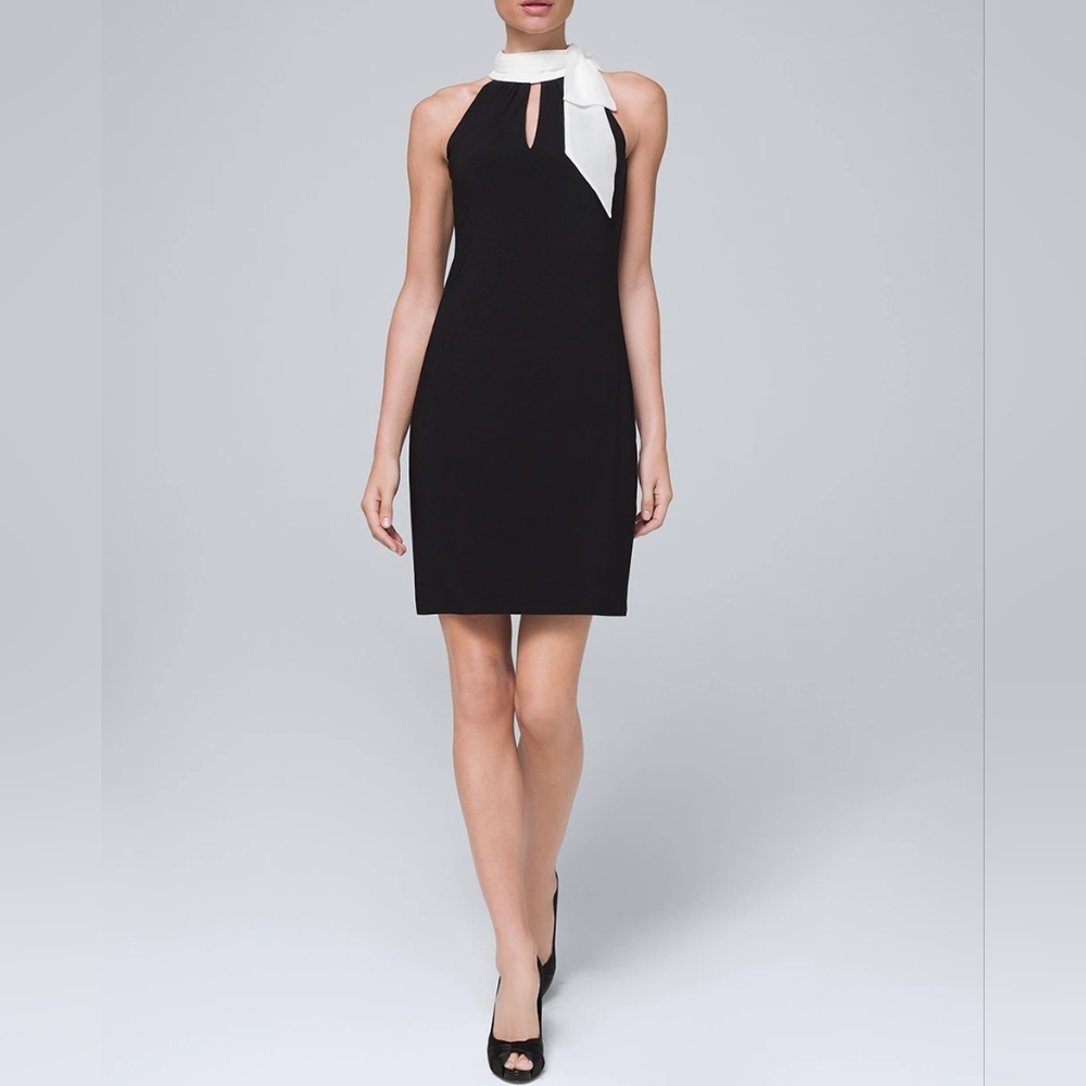 NWT White House Black Market Black Shift Dress with White Bow Women's Size M